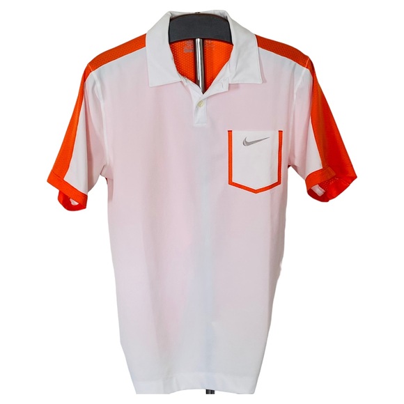 Nike Dri-Fit White & Orange Collared Golf Shirt NikeGolf Tour Performance Mens S - Picture 1 of 12